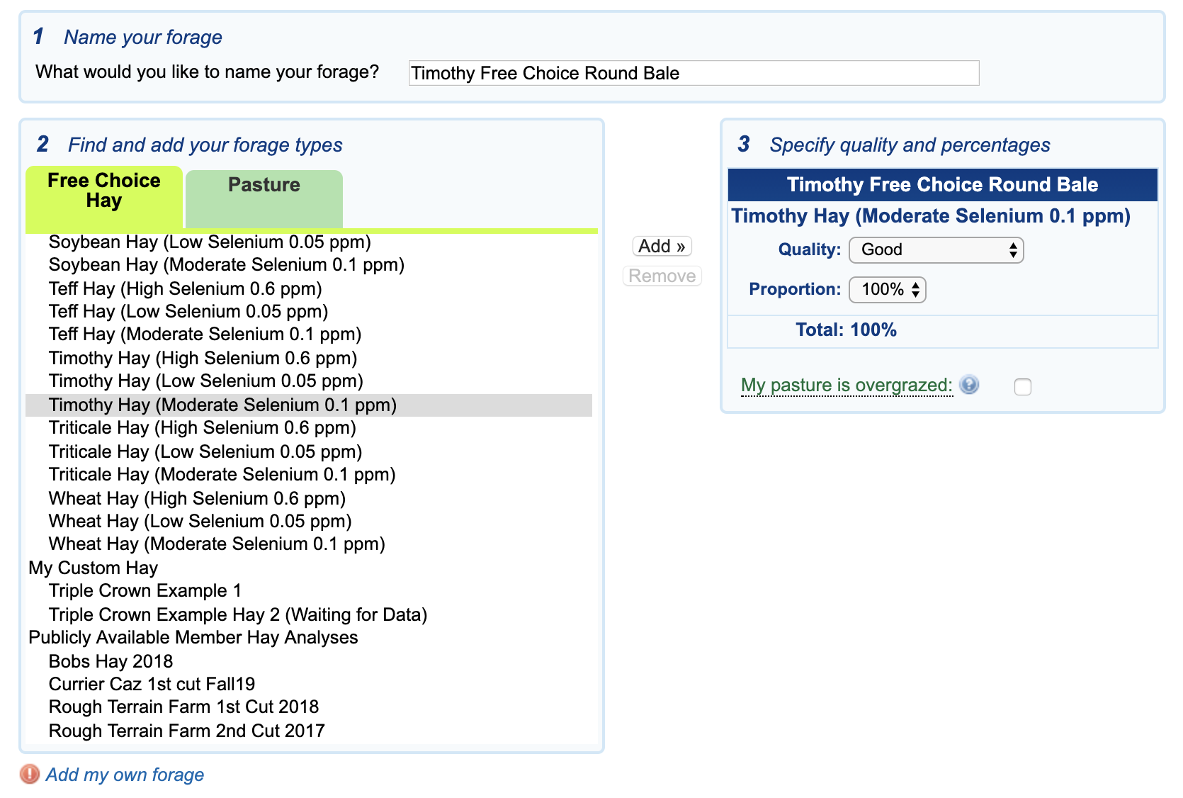 Forage builder tool in FeedXL