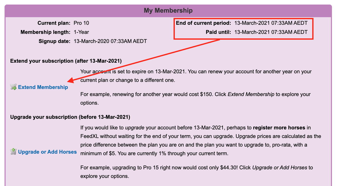 Image showing where to see the account expiry dates and the link to click to Extend Membership in FeedXL